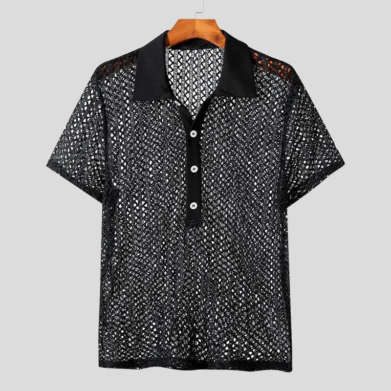 Threebooy  Summer Men's Clothing Knit Hollw Out Shirts Lapel Short Sleeve Mesh Sexy Button-down Solid Color Streetwear Party Knitwear S-3XL
