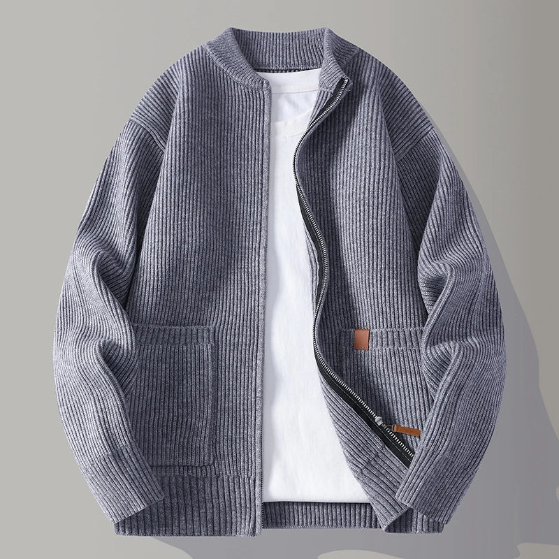 Threebooy Autumn Winter Youthful Vitality Knit Sweatercoat Men Stand Collar Loose Casual Knitted Cardigan Mens Chic Casual Sweater Jackets