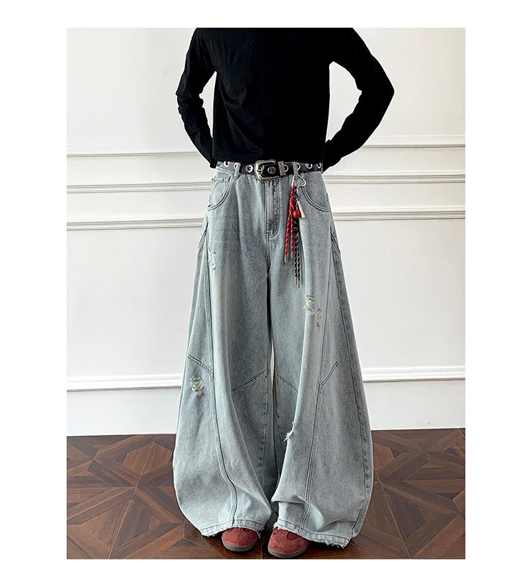 Threebooy Loose Fit Jeans Men Baggy Wide Leg Denim Pants Patchwork Ripped Light Blue Wash Hip Hop Streetwear Fashion New 2025 autumn jeans