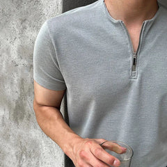 Threebooy Mens Casual Zipper Short-Sleeved Tops Genderless 2024 Spring New Business Versatile Simple Solid Color Comfortable Tops Unisex