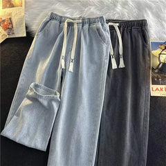 Threebooy Spring And Autumn Harajuku Hong Kong Style Simple Loose Trend Ins Versatile Casual Drawstring Straight Long Pants Jeans For Men