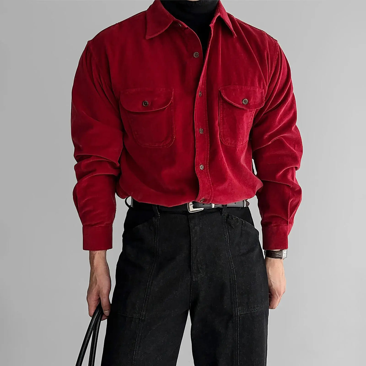 Threebooy Korean High-end Shirt Temperament Red Corduroy Long-sleeved Shirts Men Women Spring Loose Lazy Trendy Tops Aesthetic Chic Blouse