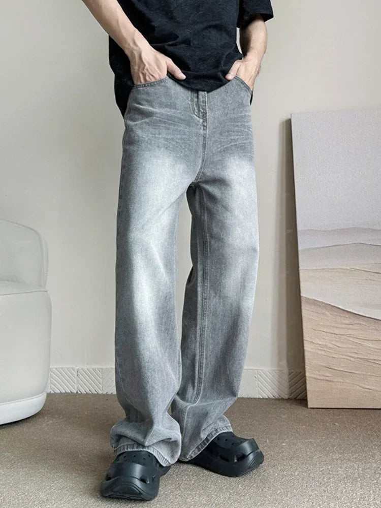 Threebooy  New Vintage Gray Baggy Jeans Men Fashion Harajuku Casual Y2k Pants Straight High Street Male Wide Denim Trousers