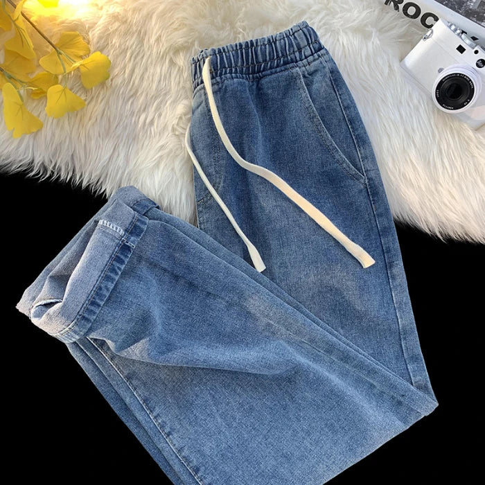 Threebooy  Autumn Jeans Men's Baggy Straight Drawstring Elastic Waist Personality Fashion Vintage Denim Trousers Streetwear 3XL