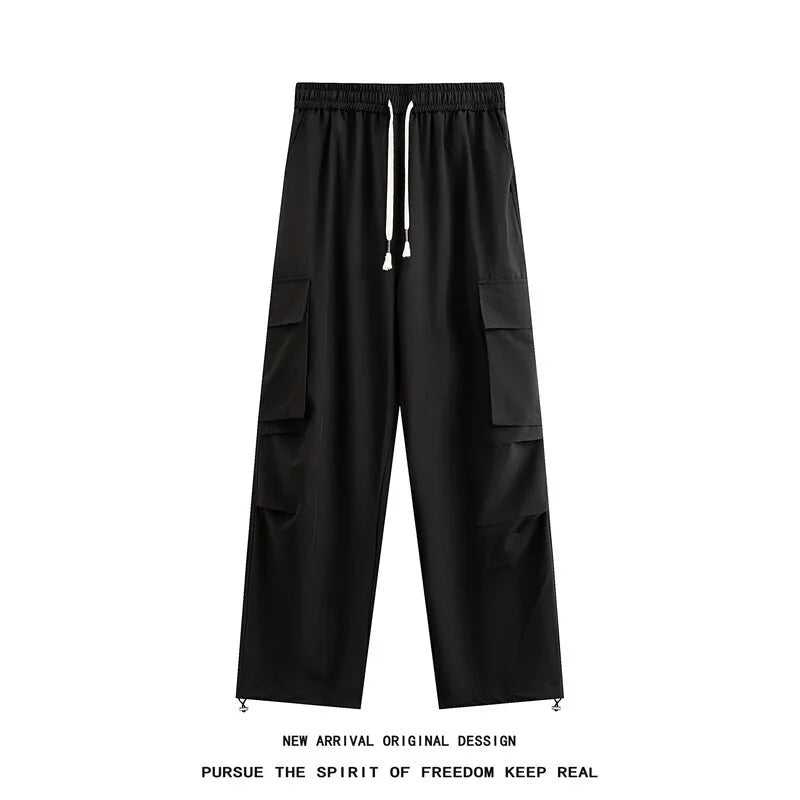 Threebooy Summer Casual Pants Men Retro Pocket Cargo Pants Men Japanese Streetwear Hip-hop Loose Wide Leg Pants Mens Vintage Trousers