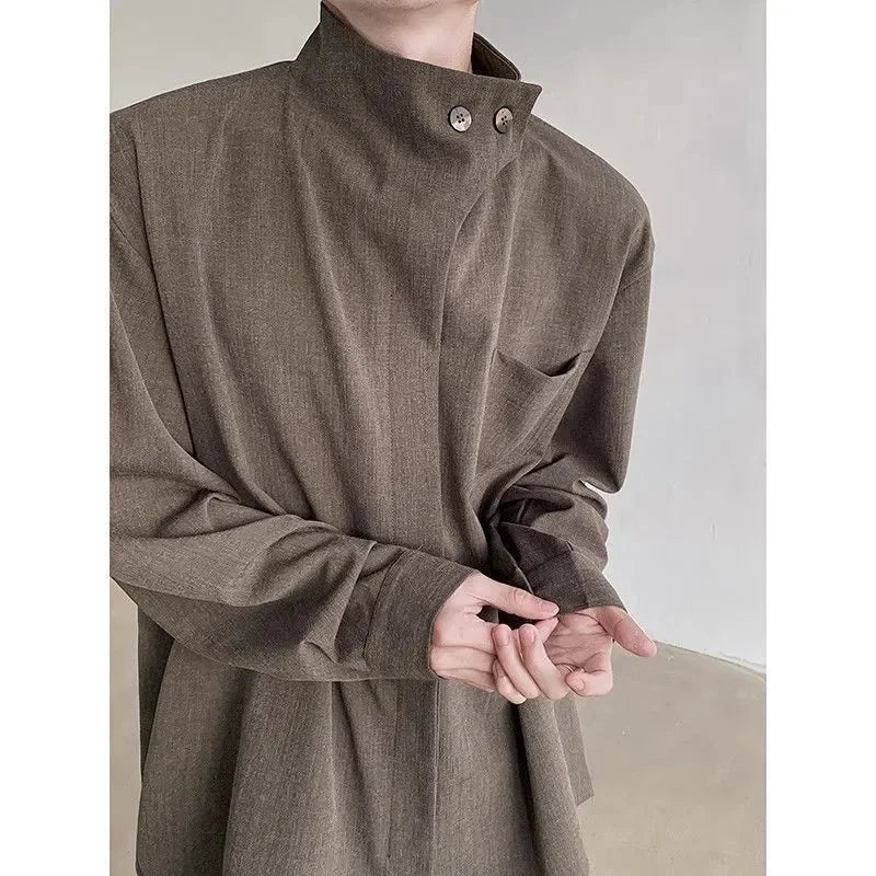 Threebooy  French Button Stand Collar Korean Style High Collar Trendy Top Shirt Retro Loose Shirt Casual