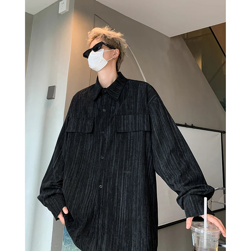 Threebooy Corduroy Printed Work Shirts Men's Single Breasted Casual Jacket Coats Men Korean Fashion Cityboy Long-sleeve Simple Shirt
