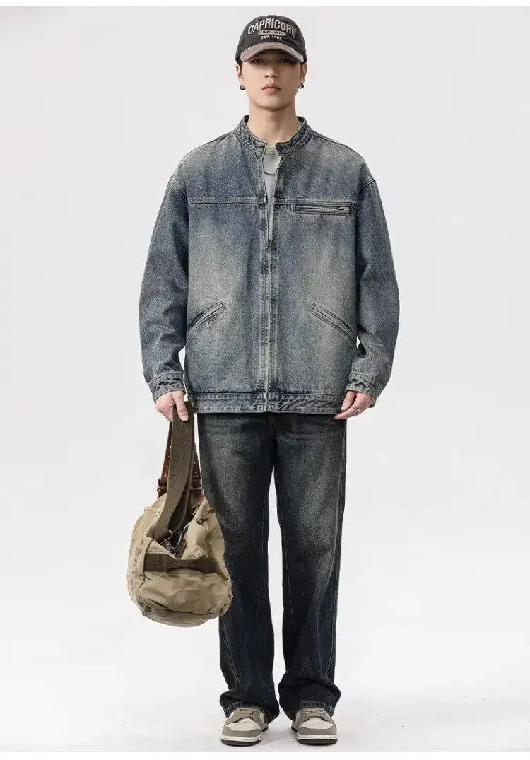 Threebooy Vintage Denim Jacket Men's Loose-Fit High-End Feel American Style Distressed Washing For Autumn Trendy Workwear