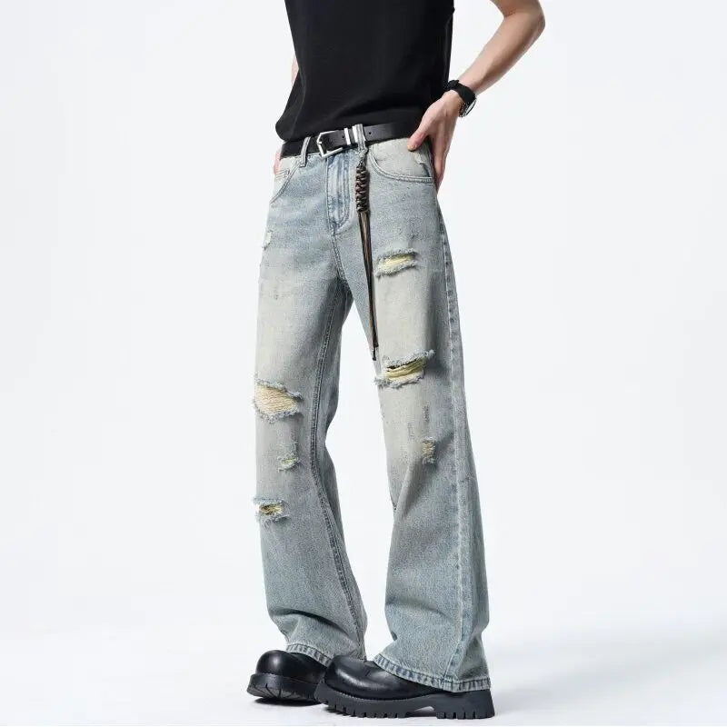 Threebooy Men Straight Leg Vintage Blue Washed Denim Jeans Casual Ripped Distressed Trousers Classic Retro Style Comfortable Streetwear