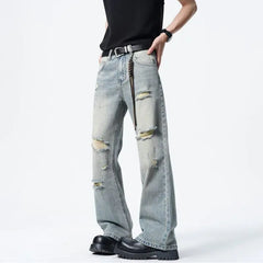 Threebooy Men Straight Leg Vintage Blue Washed Denim Jeans Casual Ripped Distressed Trousers Classic Retro Style Comfortable Streetwear
