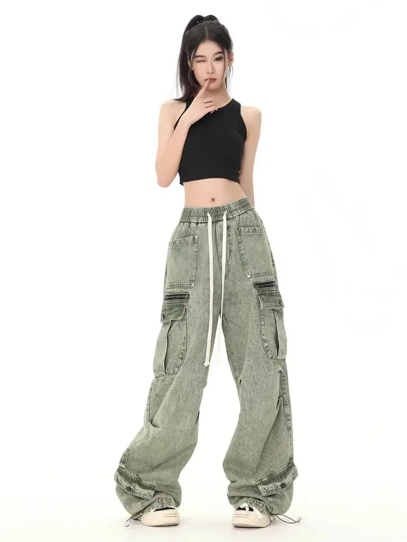 Threebooy Hip hop retro high street men and women trendy personalized washed workwear jeans for couples loose straight leg casual pants