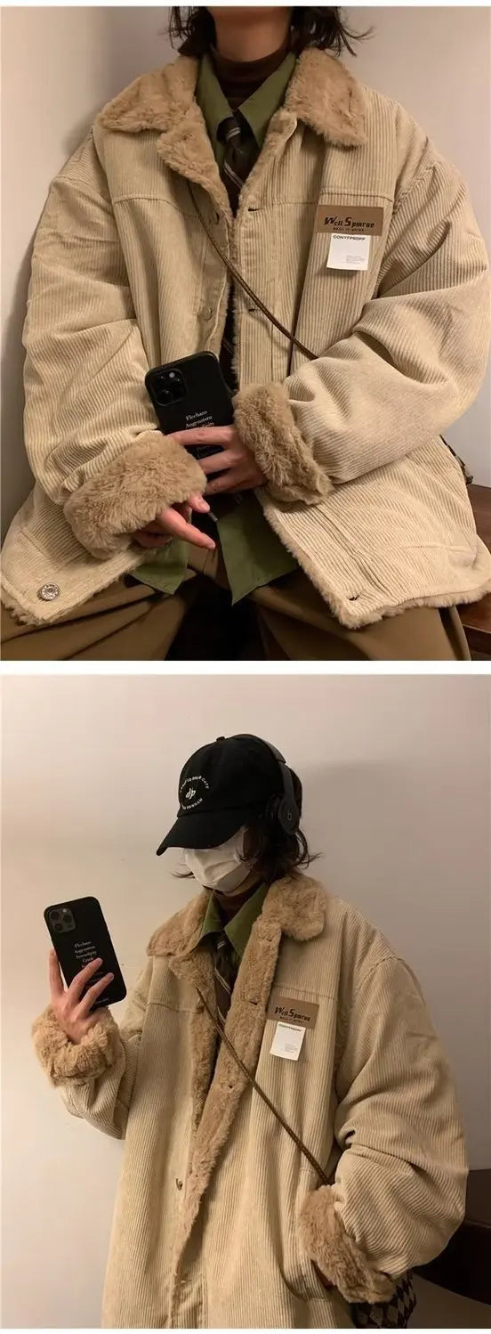 Threebooy Men's Retro Corduroy Padded Jacket Women Winter Loose Casual Thickened Cotton Turndown Collar Single-breasted Long Sleeves Tops
