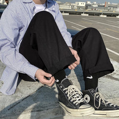 Threebooy  Beige/Khaki/Black Casual Pants Men Fashion Cotton Straight Pants Men Streetwear Loose Hip Hop Wide Leg Pants Mens Trousers S-2XL