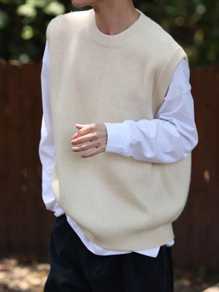 Threebooy Knit Sweater Male Sleeveless Solid Color Men's Clothing Waistcoat Vest Crewneck Black Round Collar Plain Korean 2024 Autumn Old