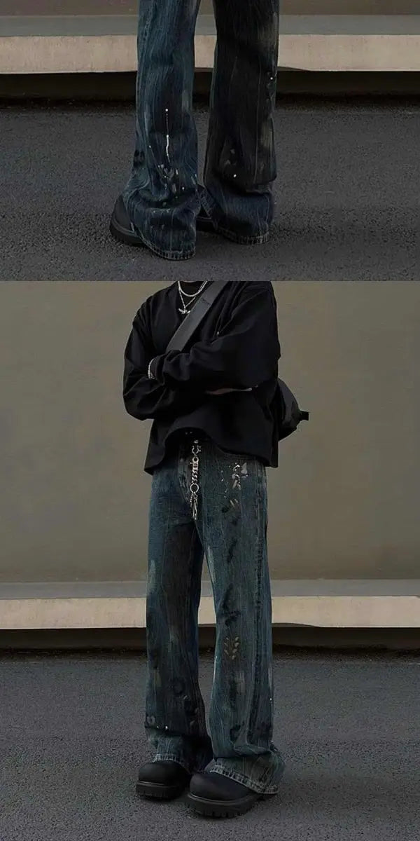 Threebooy Street men and women trendy personality retro blue splashed ink design straight leg jeans couple hip-hop loose casual pants y2k