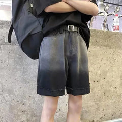 Threebooy  Summer Gradient Denim Shorts Men's Fashion Retro Denim Shorts Mens Streetwear Korean Loose Hip-hop Straight Denim Shorts Men