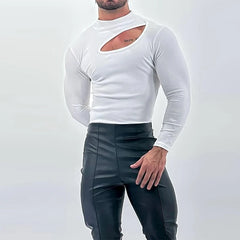 Threebooy  Autumn Clothing Men's Bodysuits Hollow Out Turtleneck Long Sleeve T Shirt Streetwear Sexy Solid Color Ripped Fashion Basic Shirt