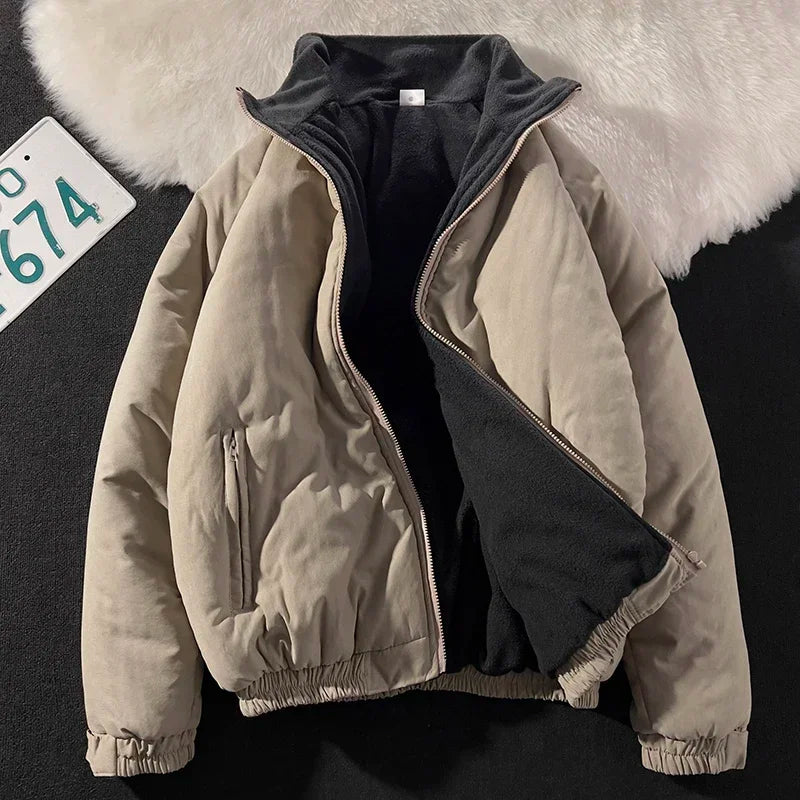 Threebooy Japan Standing Collar Padded Jacket Vintage Cityboy Men's Plush Parkas American Retro Hong Kong Style Winter Jacket Cargo Coat