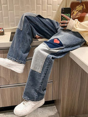 Threebooy Harajuku Wide Leg Baggy Jeans Pants Men Love Heart Oversize Straight Denim Buttton Cargo Long Trousers Streetwear Student New