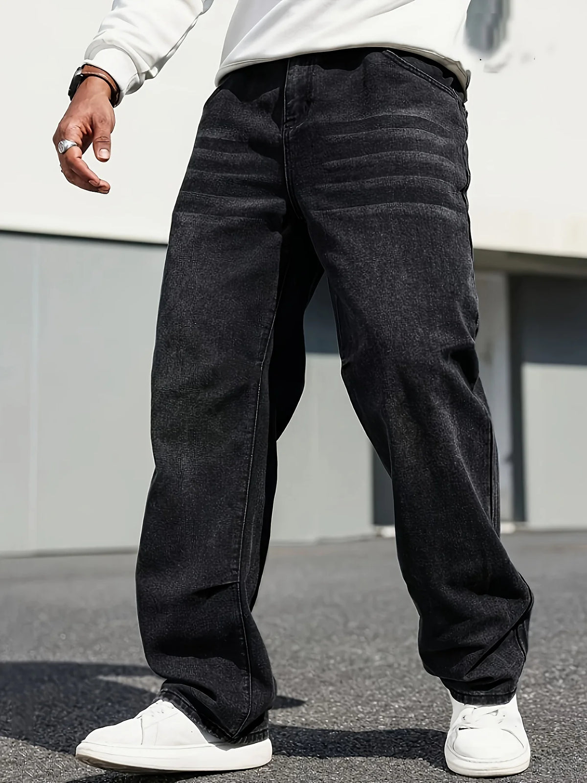 Threebooy  Men's Classic Straight-Leg Jeans - Cotton Blend, Dark Blue Denim, Non-Stretch, All-Season Wear, Comfort Fit with Slant Pockets