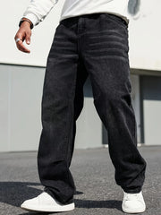 Threebooy  Men's Classic Straight-Leg Jeans - Cotton Blend, Dark Blue Denim, Non-Stretch, All-Season Wear, Comfort Fit with Slant Pockets