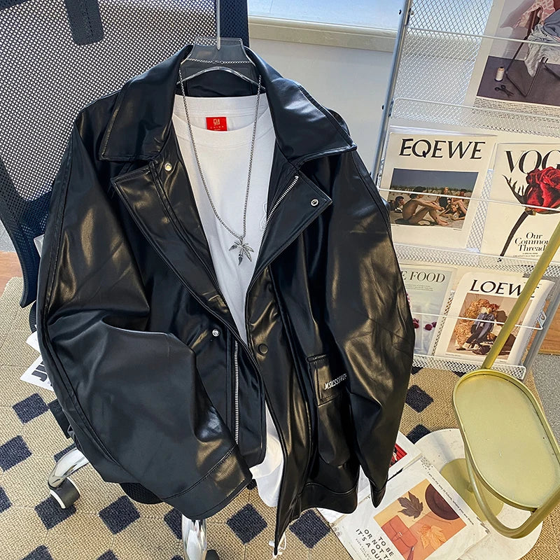 Threebooy Black Pu Leather Jacket Men's Spring Autumn New American Retro Handsome Leather Jacket Loose High-end Motorcycle Suit Aesthetic