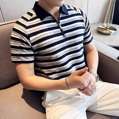 Threebooy Summer Men's Striped Printing Patchwork T-shirts Business Casual Lapel Collar Tshirt Short Sleeved 3 Color T Shirt