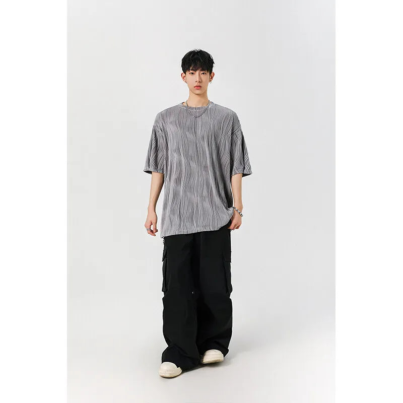 Threebooy Round Neck Ice Silk Pleated T-Shirt Men's Quick Drying Breathable Casual T Shirt Leisure Sport T-shirt Men Plus Size 8XL-M