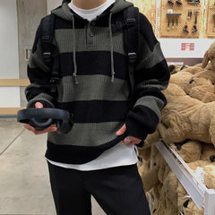 Autumn and Winter Retro Korean Style Men and Women Trendy Knitted Hoodie Couple Loose Hip Hop Striped Casual Top harajuku y2k