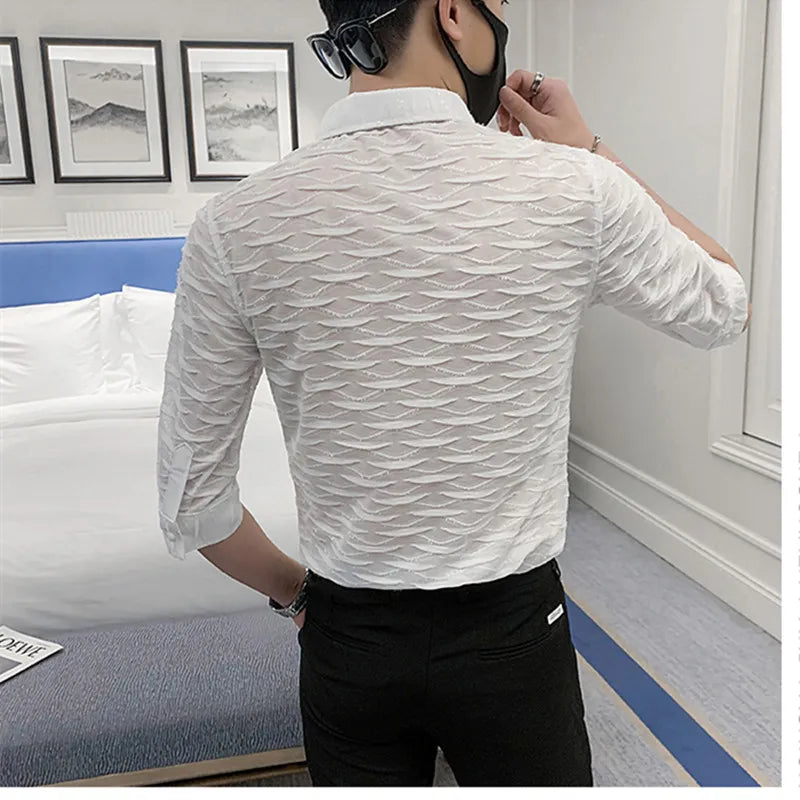 Threebooy High Quality for Men Lace Hollow Out Shirts/Male Slim Fit Lapel Casual Business Sexy Long Sleeve Shirts Plus Size S-4XL