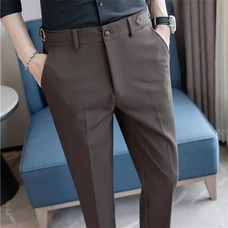 Threebooy Summer Suit Pants Men Fashion Smart Casual Suit Trousers Slim Fit Wedding Party Formal Dress Mens Solid Color Ankle Length Pants