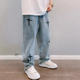 Threebooy New Embroidered Jeans Men Straight Loose Wide-leg Pants Spring and Autumn Korean Fashion High Street Hip Hop Style Male Trousers