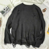 Threebooy Ripped Knitted Sweater Black Sweaters Torn Sweater with Holes Pullovers Sweaters Korean Streetwear Hip Hop Harajuku