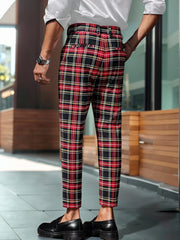Threebooy  Men's Tartan Plaid Tapered Cropped Dress Pants Viscose Polyamide Elastane Slim Fit Business Casual Ankle‑Length Trousers