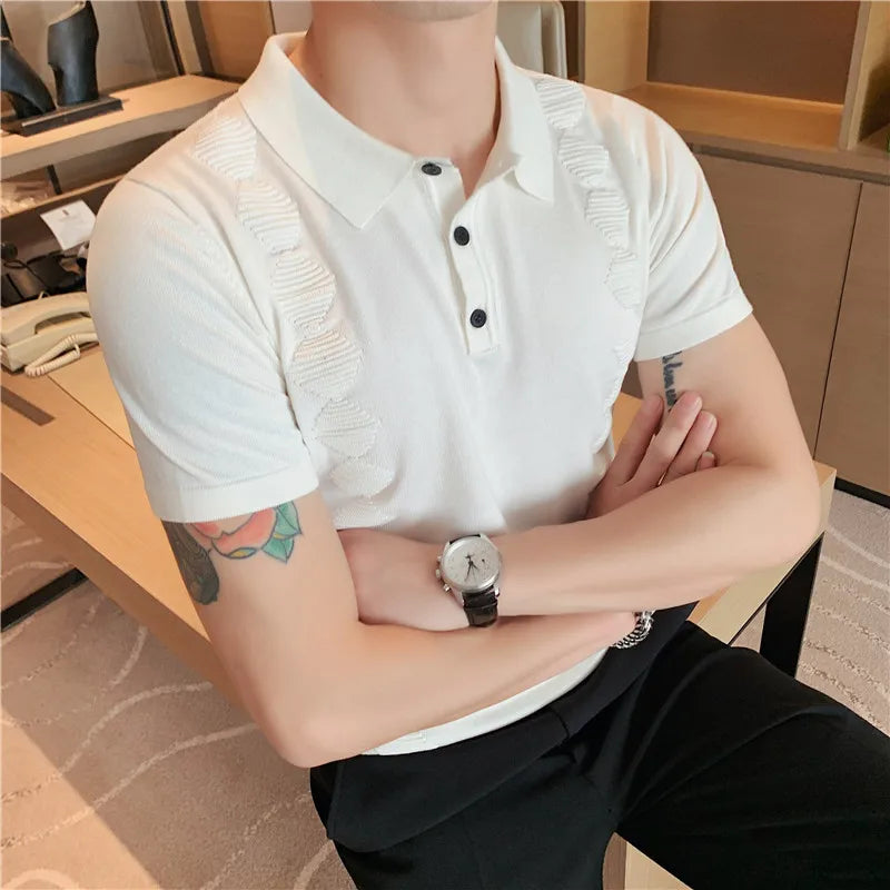 Threebooy Summer Short Sleeve Ice Silk Men Polo Shirts Business Fashion Turn Down Collar Slim Fit Casual Knitted Tee Shirt Homme 3XL