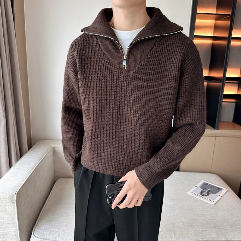 Threebooy Korean Thick Warm Knitted Men's Clothing Casual Knit Pullover Man to Man Sweaters For Men Loose Zipper Long Sleeve Sweater Male