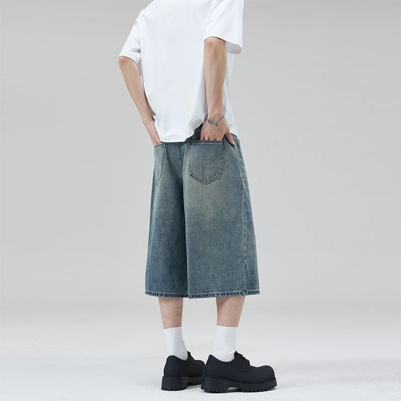 Threebooy  Oversized Baggy Men's Denim Shorts Summer Fashion Retro Casual Loose Wide-leg Calf-length Jeans Harajuku Y2K Streetwear