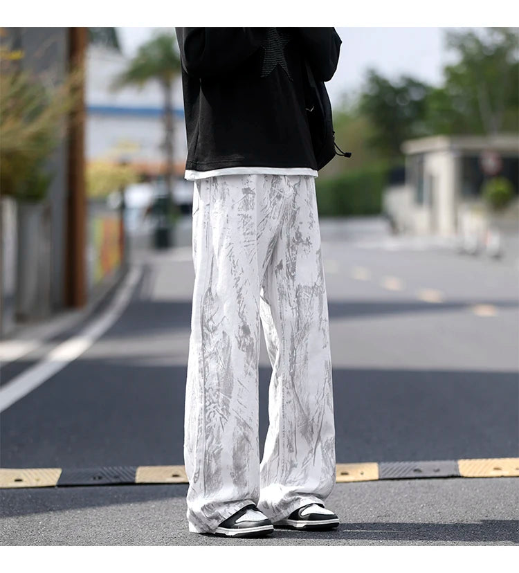 Threebooy Jeans Mens Classic Straight Leg Jeans White Tie Dye Denim Pants Unisex Fashion Casual Trousers Streetwear Hip Hop Style Washed