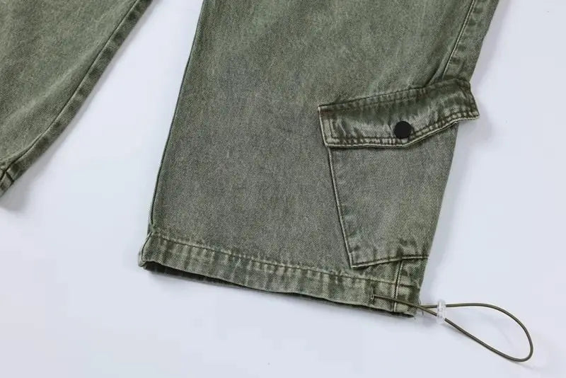 Threebooy Hip hop retro high street men and women trendy personalized washed workwear jeans for couples loose straight leg casual pants