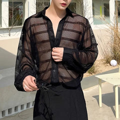 Threebooy  Summer New Men's Solid Color Striped Hollow Long-Sleeved Shirt Retro Fashion Trend Leisure Loose Breathable Niche Men's Tops