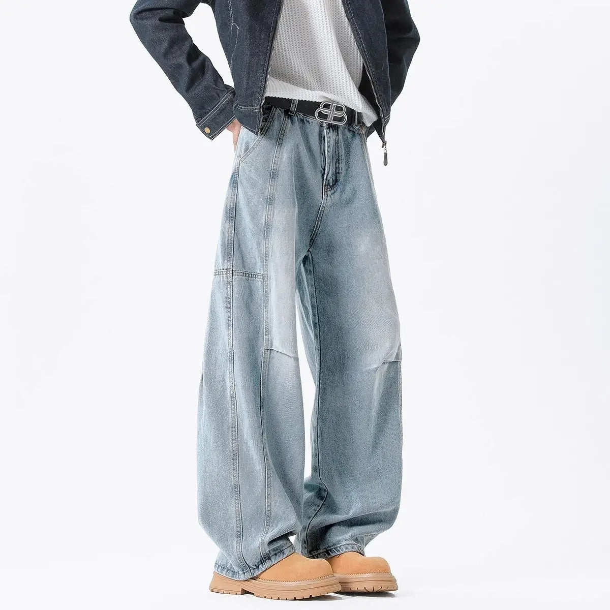 Threebooy Hip hop personality trend men and women straight leg washed jeans American couple loose retro curved knife casual pants y2k