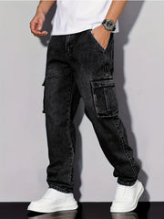 Threebooy  Men's Loose Fit Washed Denim Cargo Pants with Large Pockets, Street Style Casual Jeans Suitable for Casual Wear