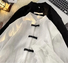 Threebooy Chinese Style Blouse Buckle Stand Collar Shirt Korean 2025 Summer New Trend Embroidered Pattern Vintage Shirt Jacket