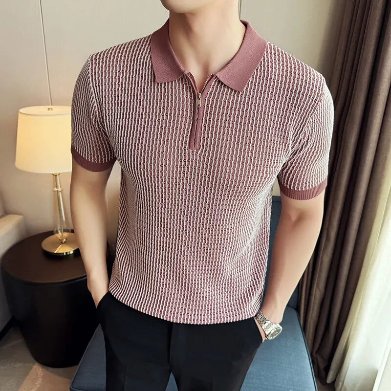 Threebooy  Summer Striped Knitted Collar POIo Shirt Men Slim Fit Casual Business Lapel T-shirt Ice Silk Breathable Office Social POLOS