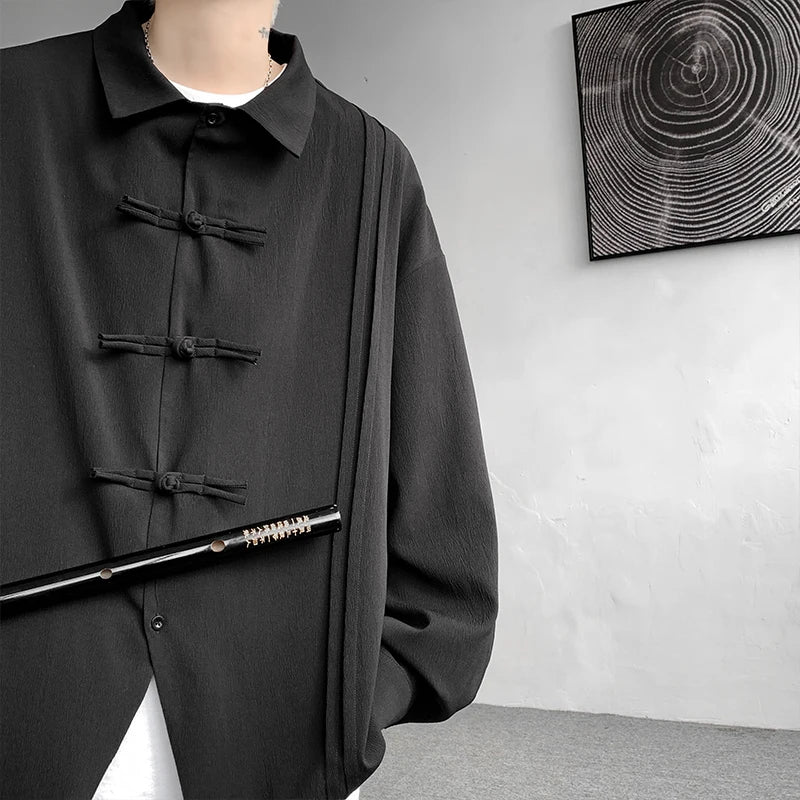 Threebooy Men's Dial Buckle Solid Long Sleeve Shirt Chic Pleated Decor Spring New Loose Casual Traditional Chinese Style Clothing