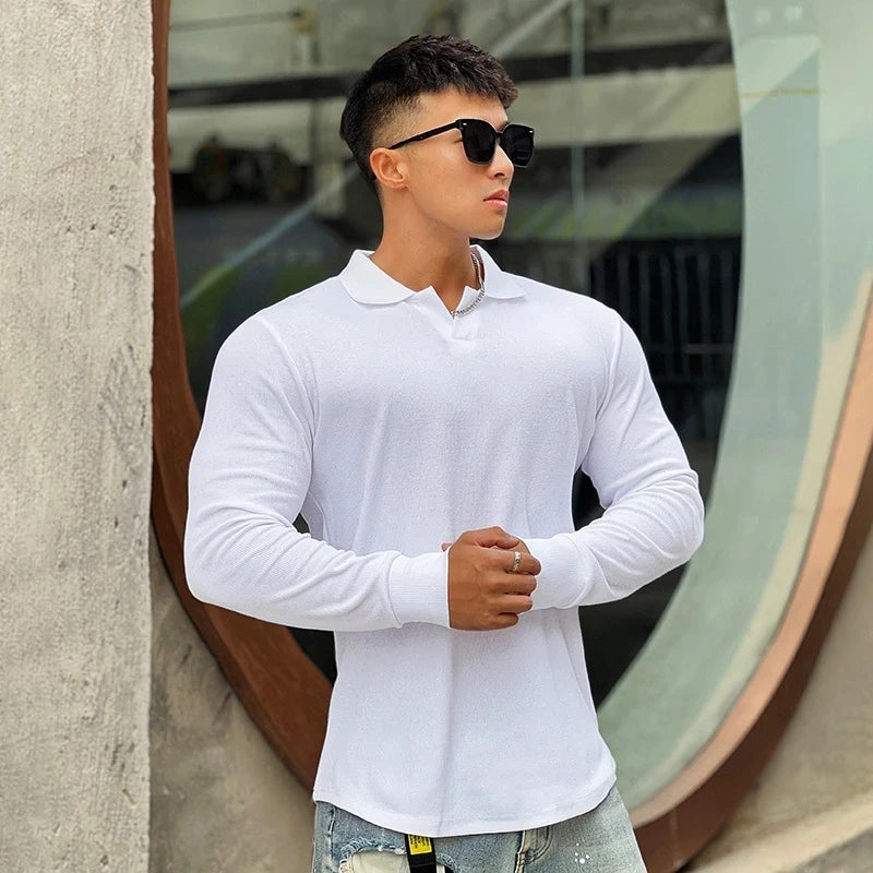 Threebooy Men Tee Shirt V-neck Turndown Collar Long Sleeve Elastic Cotton Tee&Tops Stylish T-shirt Autumn Casual Solid Male Clothing