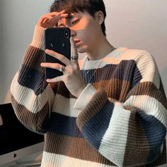 Threebooy Autumn Winter Sweater Men Pullover Korean Style Male Striped Sweater Loose Knitted Sweater Trend Thick Top Mens Clothing