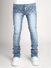 Threebooy  High-End New Model Jeans with Rhinestone Embroidery, Trendy Slim Fit, Slightly Flared, Korean Style, Heavy-Duty Embroidery, Trendy