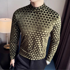 Threebooy  Autumn Winter Polka Dot Velvet T-shirt for Men Long Sleeve Half High Neck Slim Fit Casual Base Shirt Business Social Tee Tops