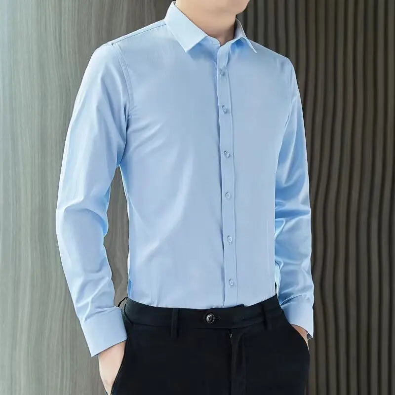 Threebooy  Men's Casual Blouse Satin Smooth Long Sleeve Wedding White Shirt Handsome Clothing